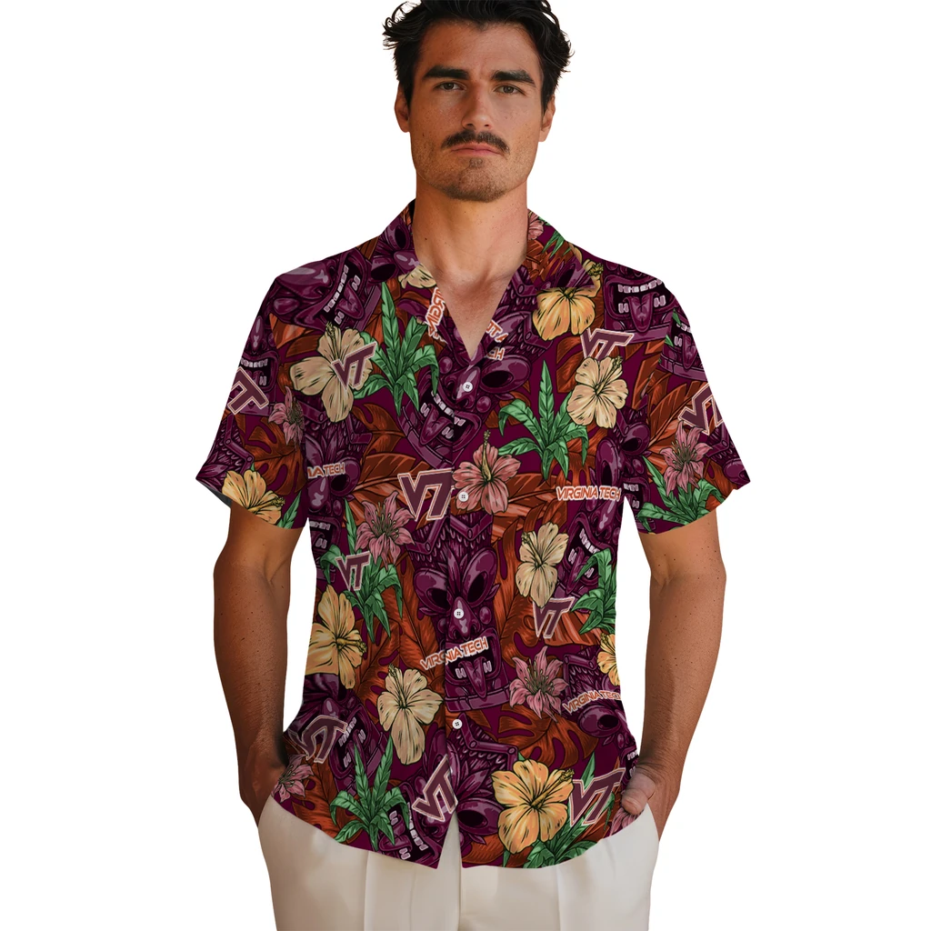 Virginia Tech Hokies Hawaiian Shirt - Hibiscus Tiki Jungle virginia tech hokies tiki jungle maroon hawaiian shirts fashion forward