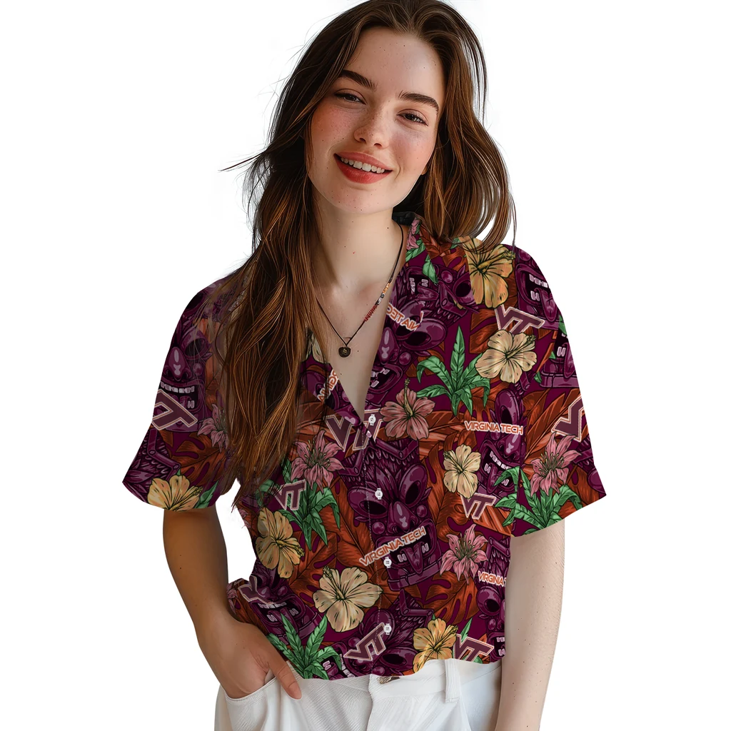 Virginia Tech Hokies Hawaiian Shirt - Hibiscus Tiki Jungle virginia tech hokies tiki jungle maroon hawaiian shirts latest model