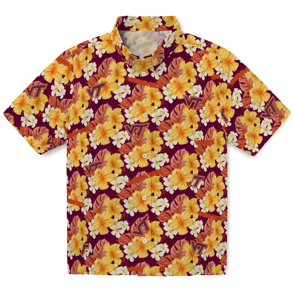 Virginia Tech Hokies Hawaiian Shirt - Hibiscus Tropics virginia tech hokies hibiscus tropics maroon yellow hawaiian shirts best selling