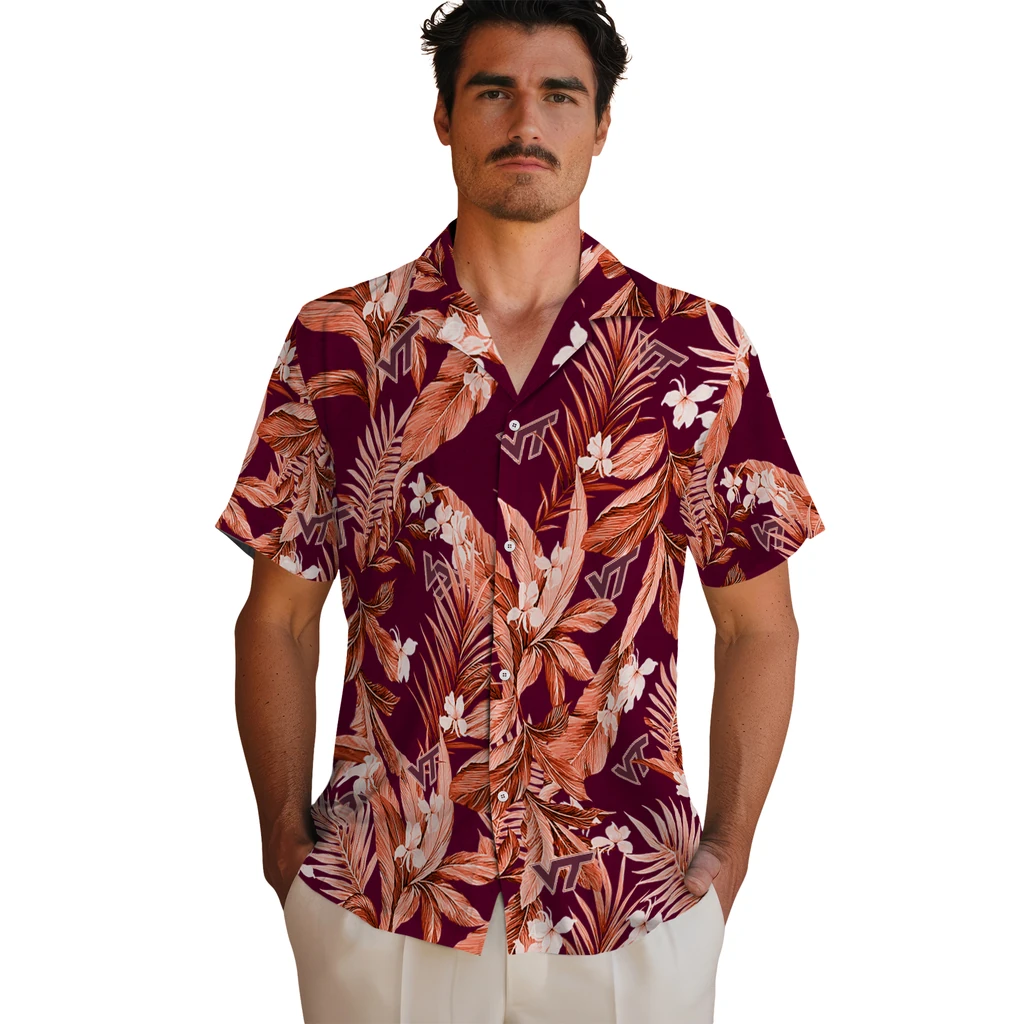 Virginia Tech Hokies Hawaiian Shirt - Palm Leaves virginia tech hokies palm leaves maroon hawaiian shirts fashion forward