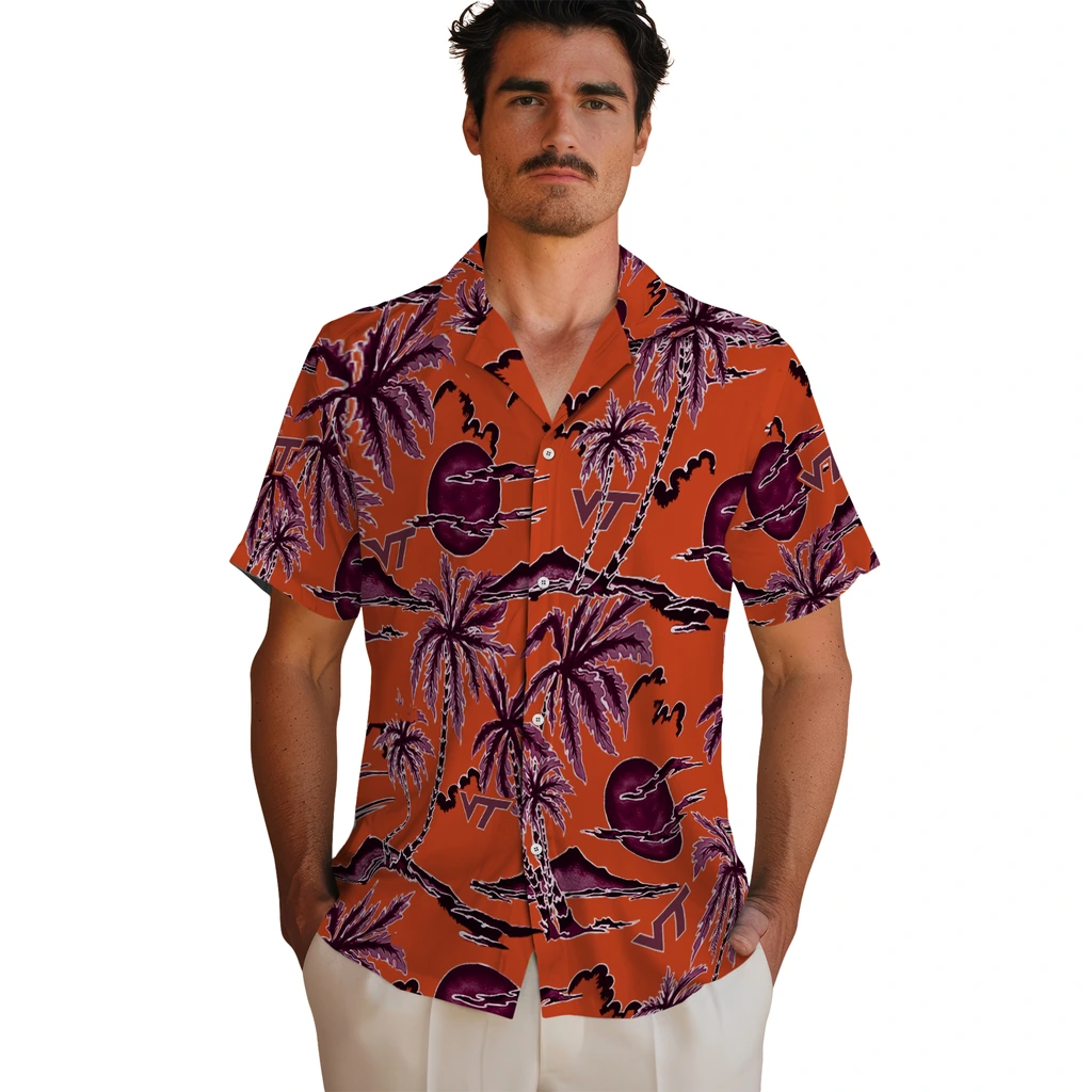 Virginia Tech Hokies Hawaiian Shirt - Palm Sunset virginia tech hokies palm sunset hawaiian shirts fashion forward