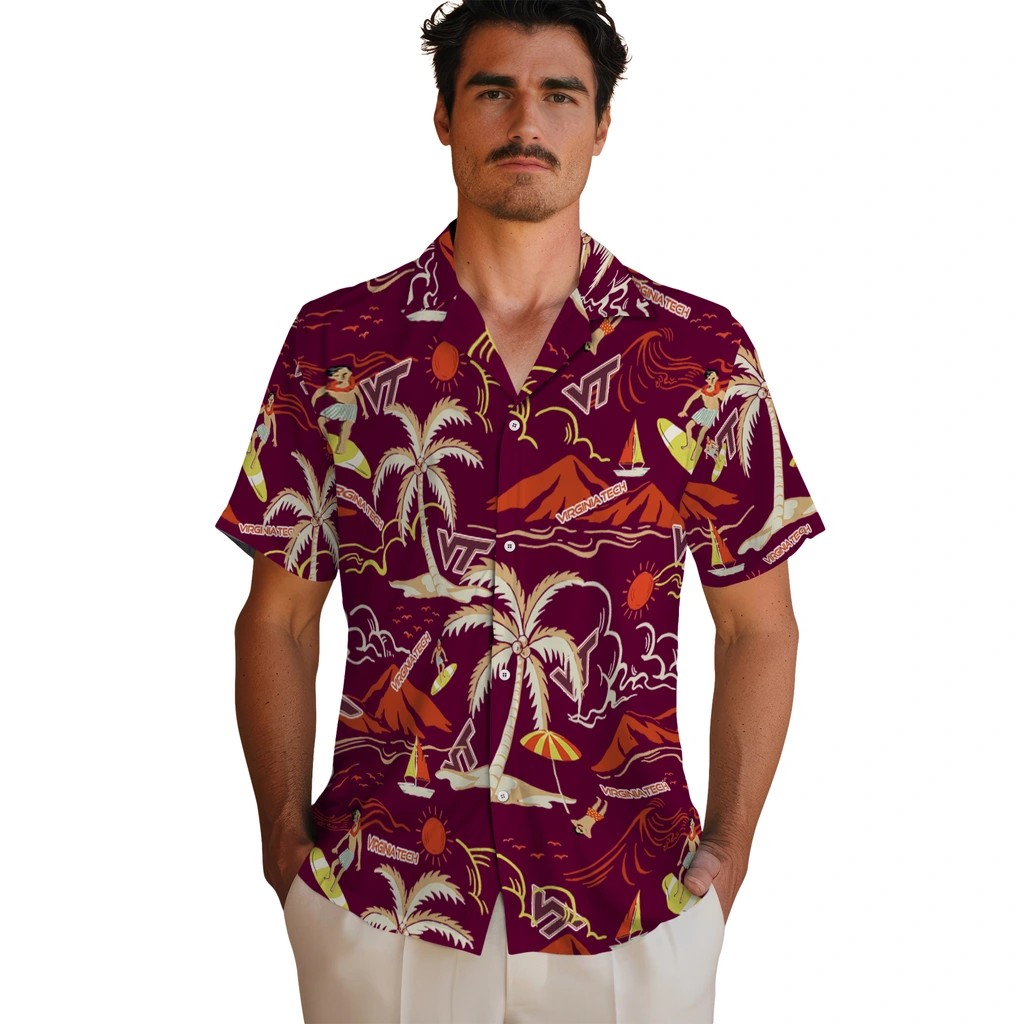 Virginia Tech Hokies Hawaiian Shirt - Palm Tree Island virginia tech hokies palm tree island maroon hawaiian shirts fashion forward