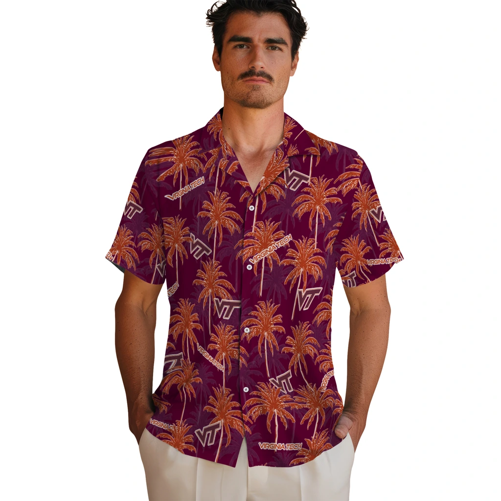 Virginia Tech Hokies Hawaiian Shirt - Palm Tree Motif virginia tech hokies palm grove maroon hawaiian shirts fashion forward