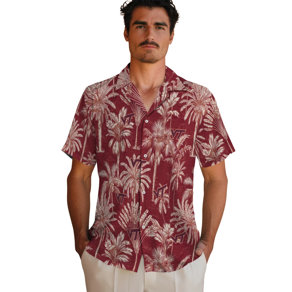 Virginia Tech Hokies Hawaiian Shirt - Vintage Palm Tree virginia tech hokies palm shadows maroon hawaiian shirts fashion forward