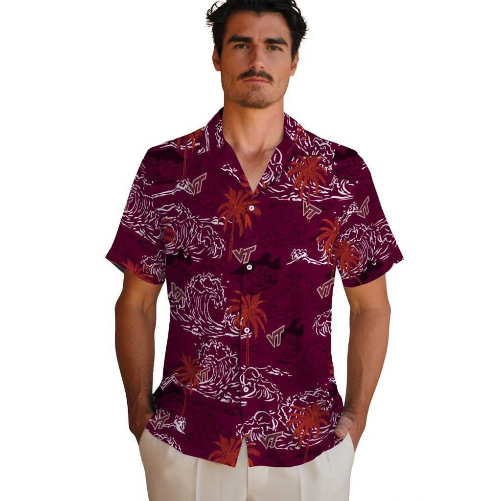 Virginia Tech Hokies Hawaiian Shirt - Wave Palm virginia tech hokies wave palm maroon hawaiian shirts fashion forward
