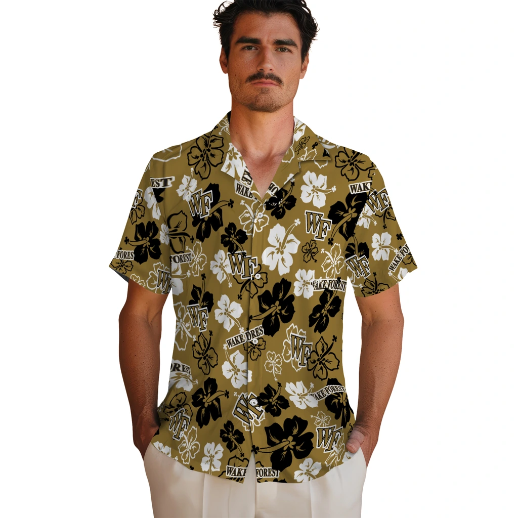 Wake Forest Demon Deacons Hawaiian Shirt - Hibiscus Flower Design wake forest demon deacons hibiscus bloom gold hawaiian shirts fashion forward