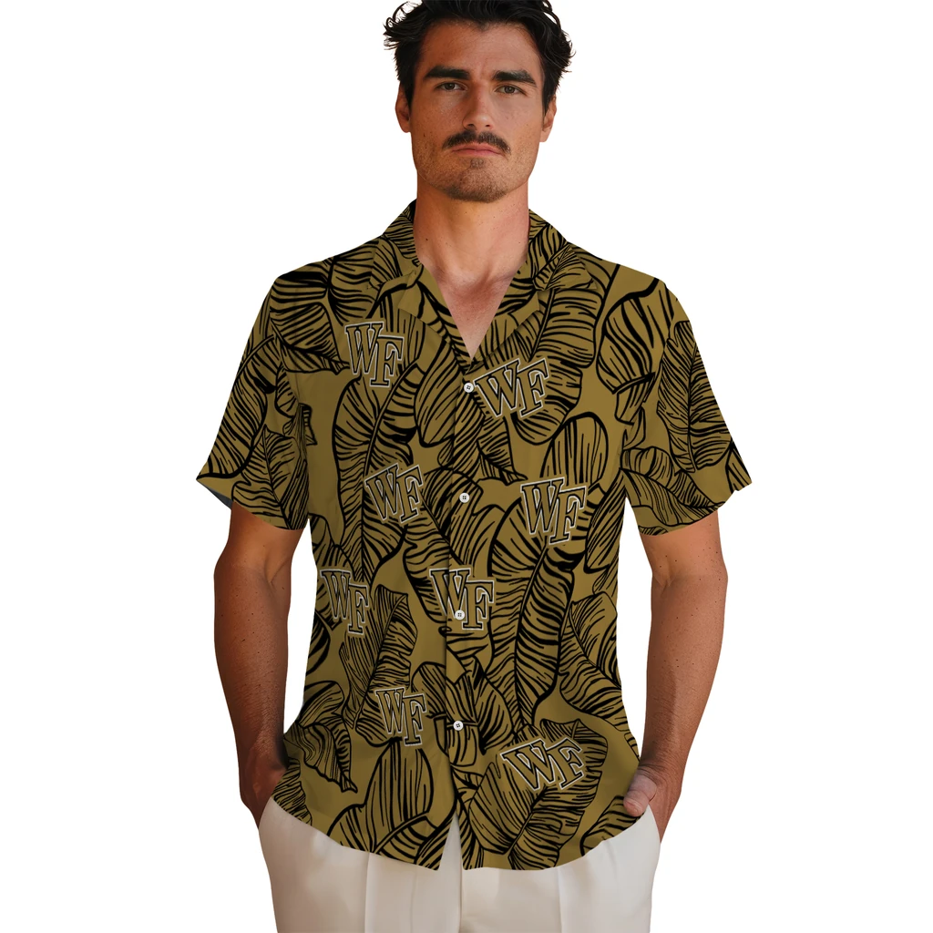 Wake Forest Demon Deacons Hawaiian Shirt - Leaf Outline wake forest demon deacons leaf outline gold hawaiian shirts fashion forward