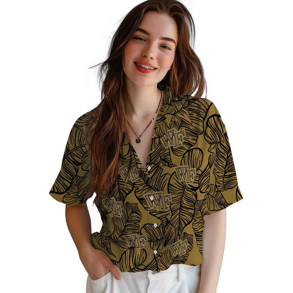 Wake Forest Demon Deacons Hawaiian Shirt - Leaf Outline wake forest demon deacons leaf outline gold hawaiian shirts latest model