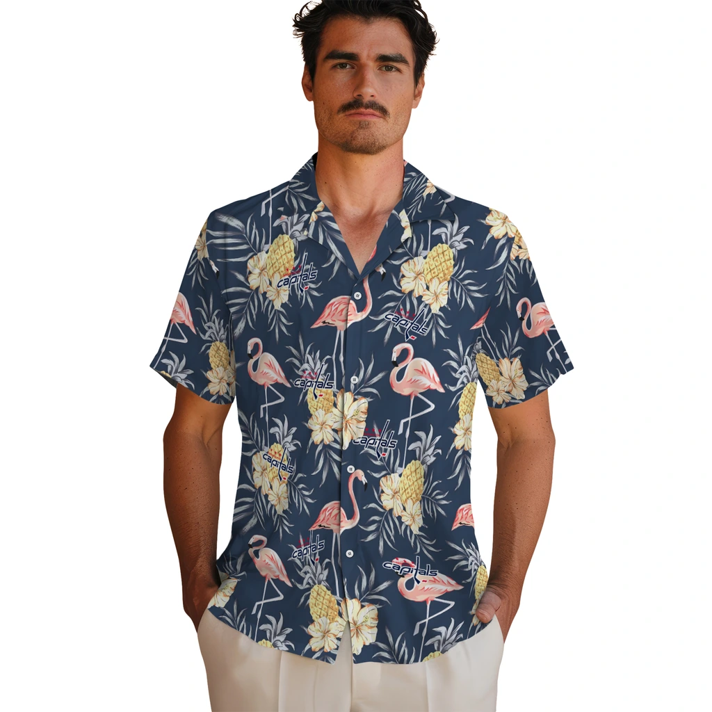 Washington Capitals Hawaiian Shirt - Flamingo Hibiscus washington capitals flamingo hibiscus navy hawaiian shirts fashion forward