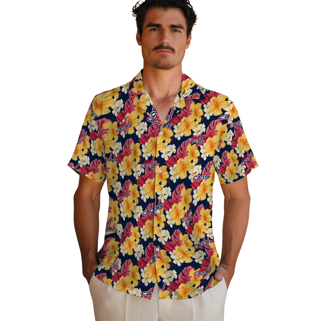 Washington Capitals Hawaiian Shirt - Hibiscus Tropics washington capitals hibiscus tropics blue yellow hawaiian shirts fashion forward