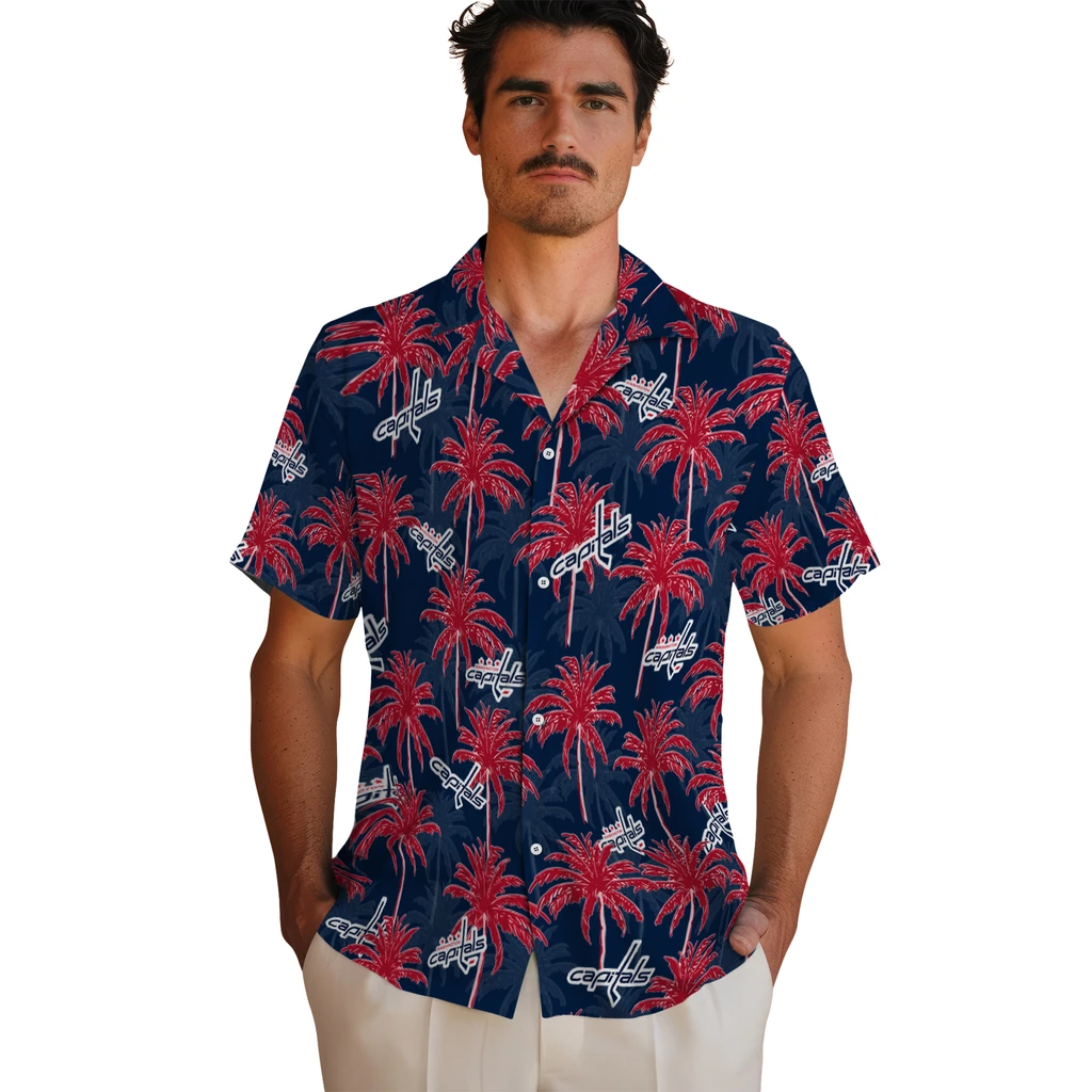 Washington Capitals Hawaiian Shirt - Palm Tree Motif washington capitals palm grove blue hawaiian shirts fashion forward