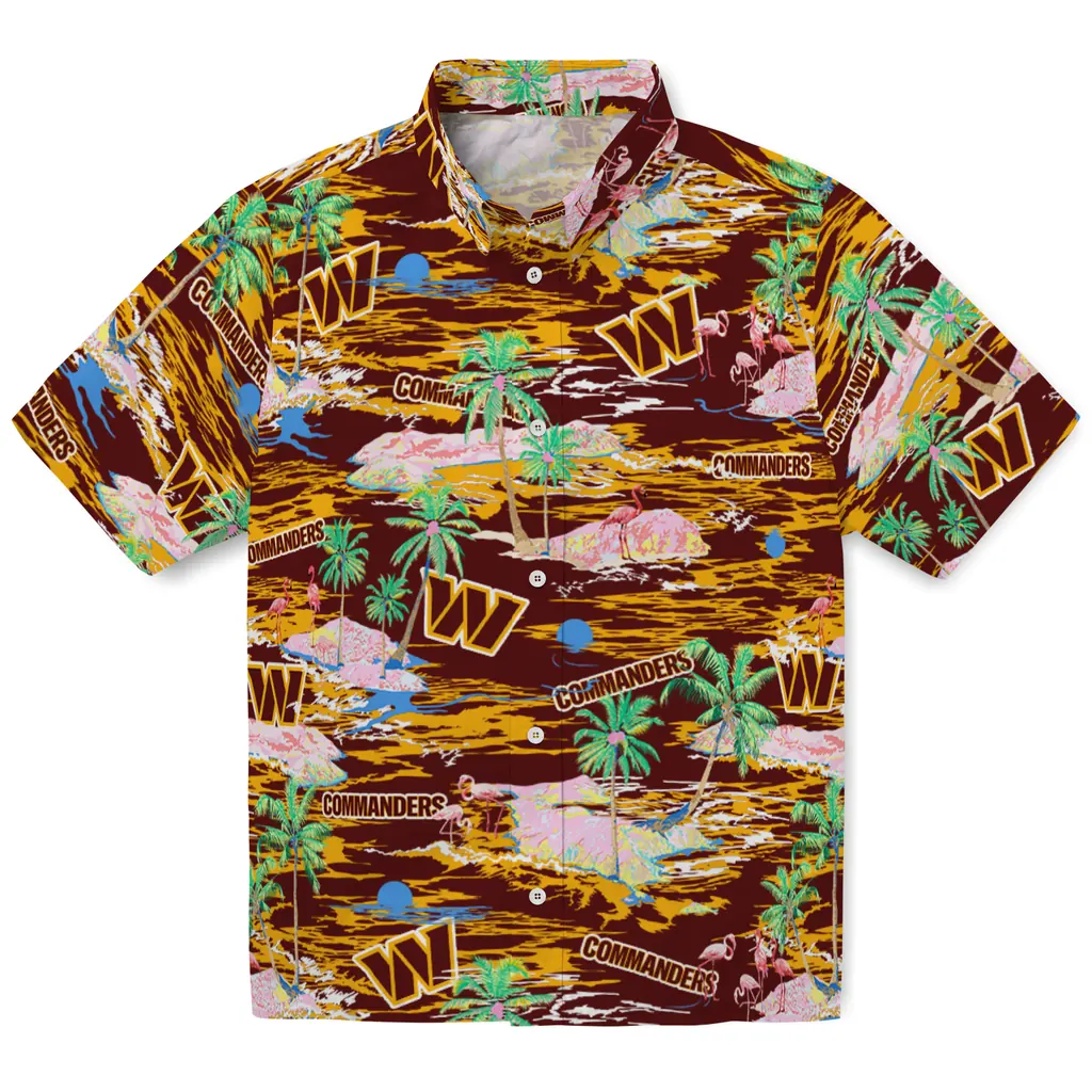 Washington Commanders Hawaiian Shirt - Hawaii Island washington commanders flamingo retreat burgundy hawaiian shirts best selling