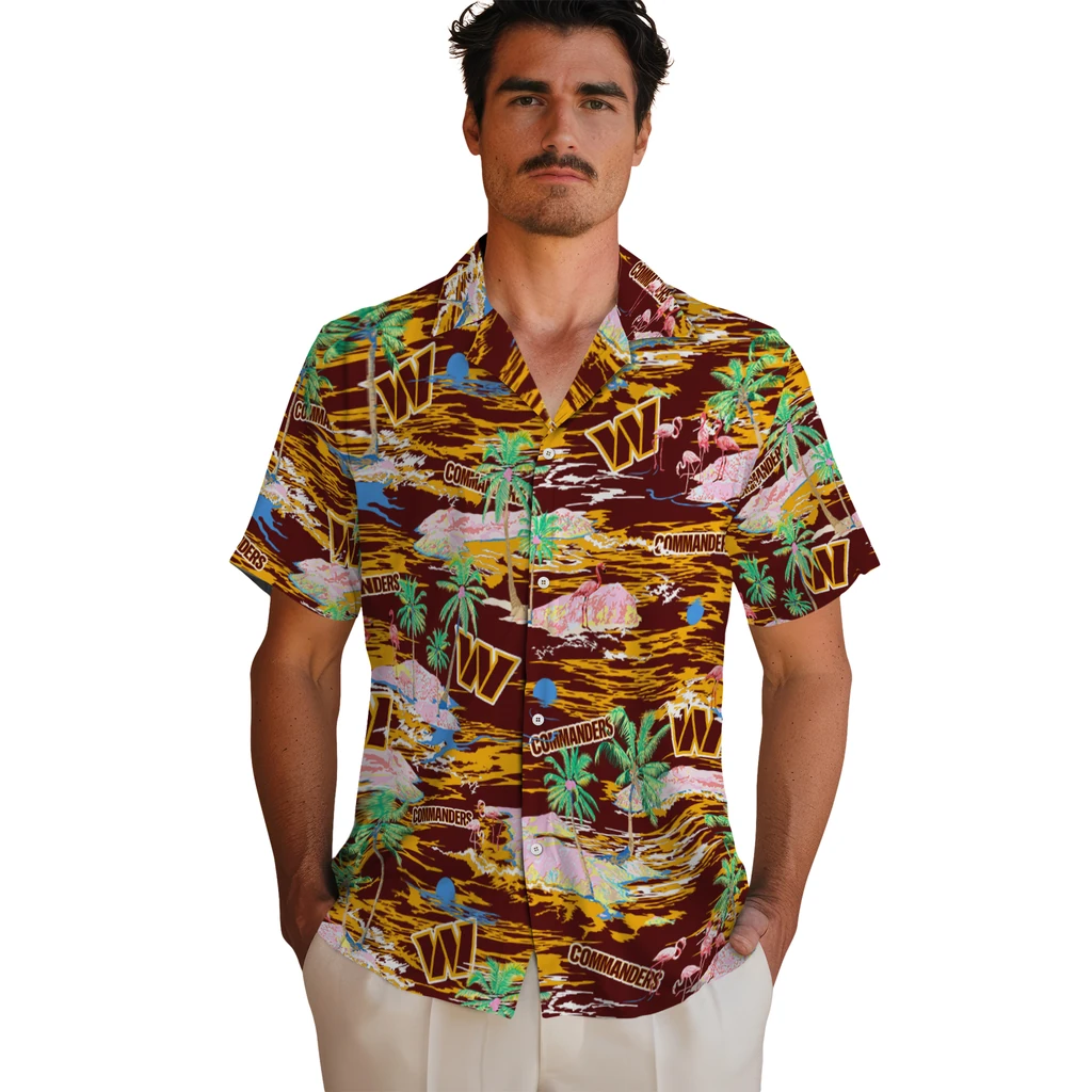 Washington Commanders Hawaiian Shirt - Hawaii Island washington commanders flamingo retreat burgundy hawaiian shirts fashion forward