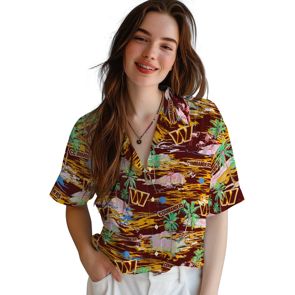 Washington Commanders Hawaiian Shirt - Hawaii Island washington commanders flamingo retreat burgundy hawaiian shirts latest model