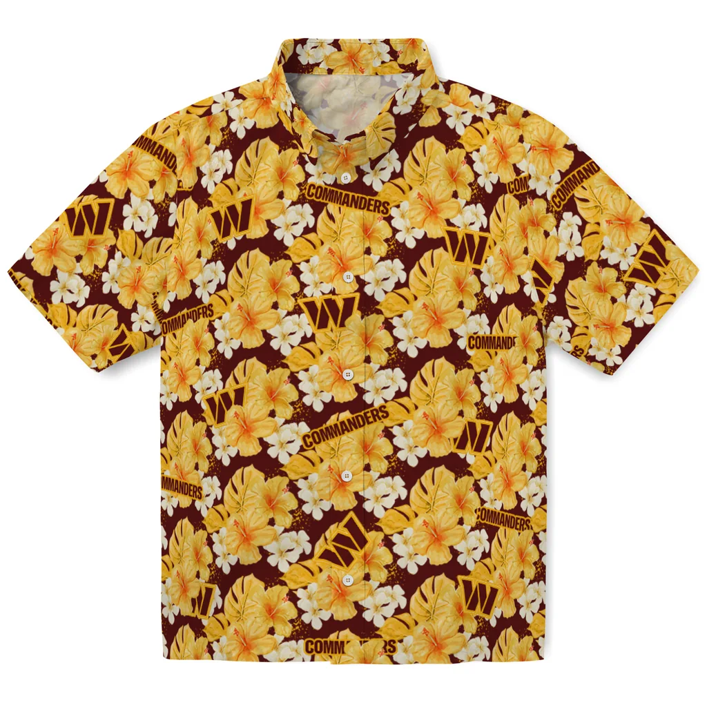 Washington Commanders Hawaiian Shirt - Hibiscus Tropics washington commanders hibiscus tropics burgundy yellow hawaiian shirts best selling