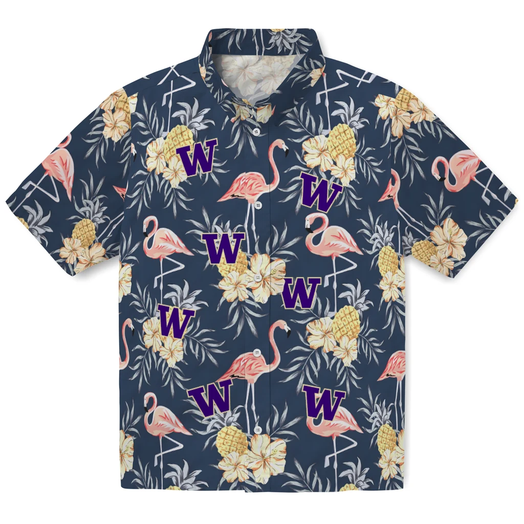 Washington Huskies Hawaiian Shirt - Flamingo Hibiscus washington huskies flamingo hibiscus navy hawaiian shirts best selling