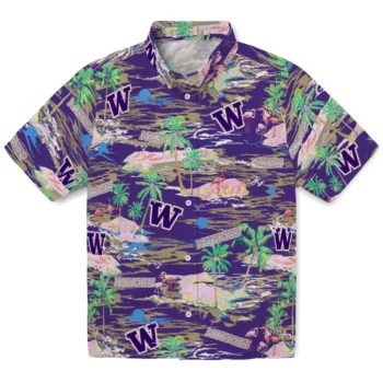 washington huskies flamingo retreat purple hawaiian shirts best selling