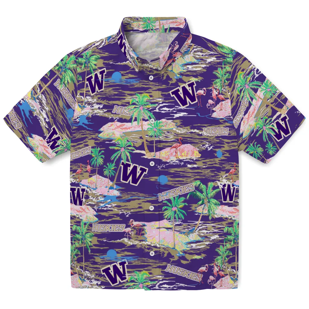 Washington Huskies Hawaiian Shirt - Hawaii Island washington huskies flamingo retreat purple hawaiian shirts best selling