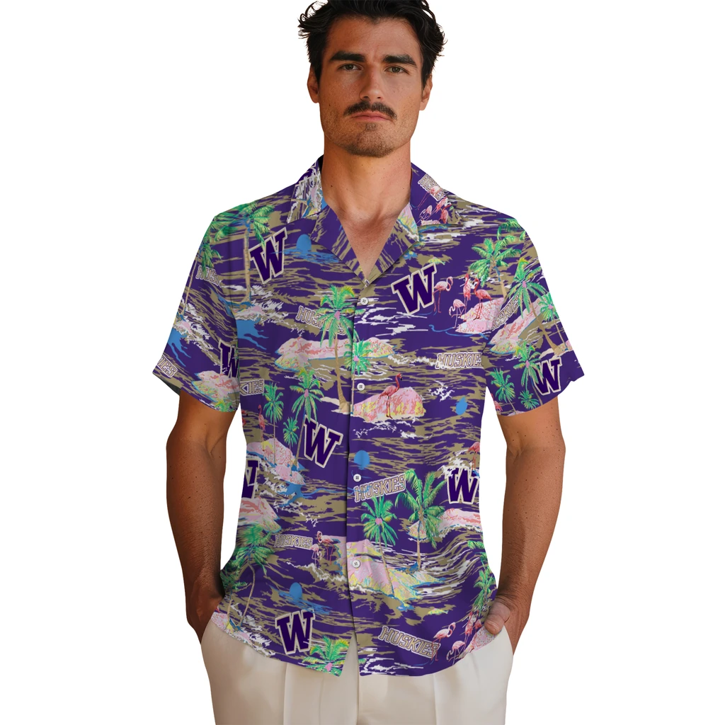Washington Huskies Hawaiian Shirt - Hawaii Island washington huskies flamingo retreat purple hawaiian shirts fashion forward