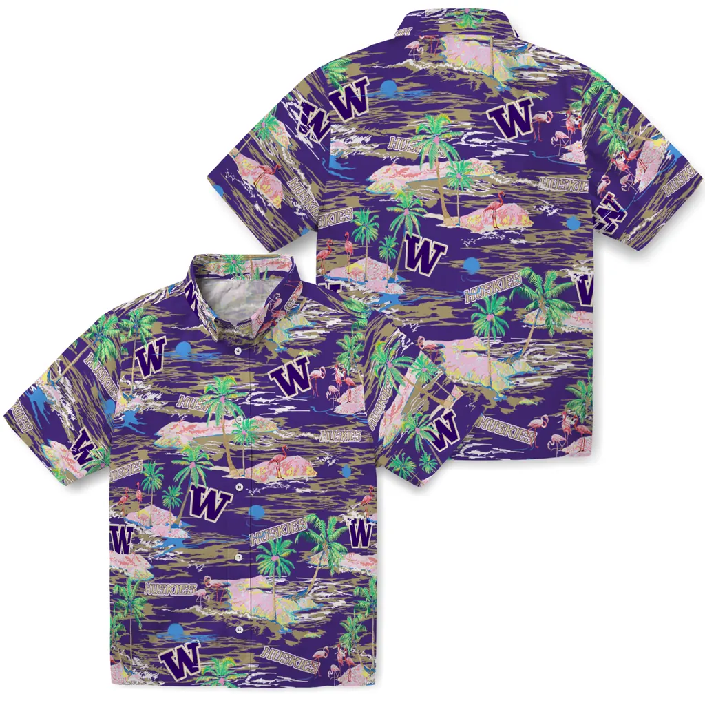 Washington Huskies Hawaiian Shirt - Hawaii Island washington huskies flamingo retreat purple hawaiian shirts high quality