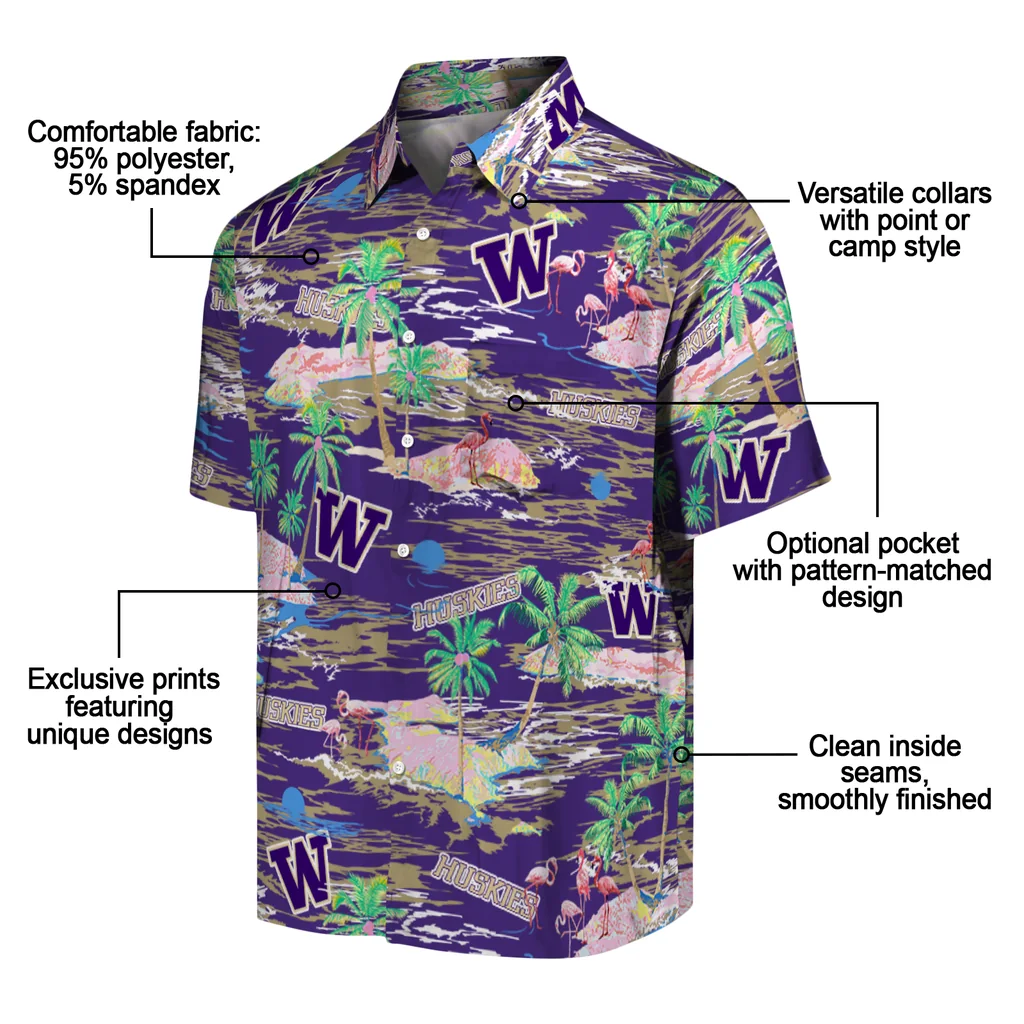 Washington Huskies Hawaiian Shirt - Hawaii Island washington huskies flamingo retreat purple hawaiian shirts new arrival