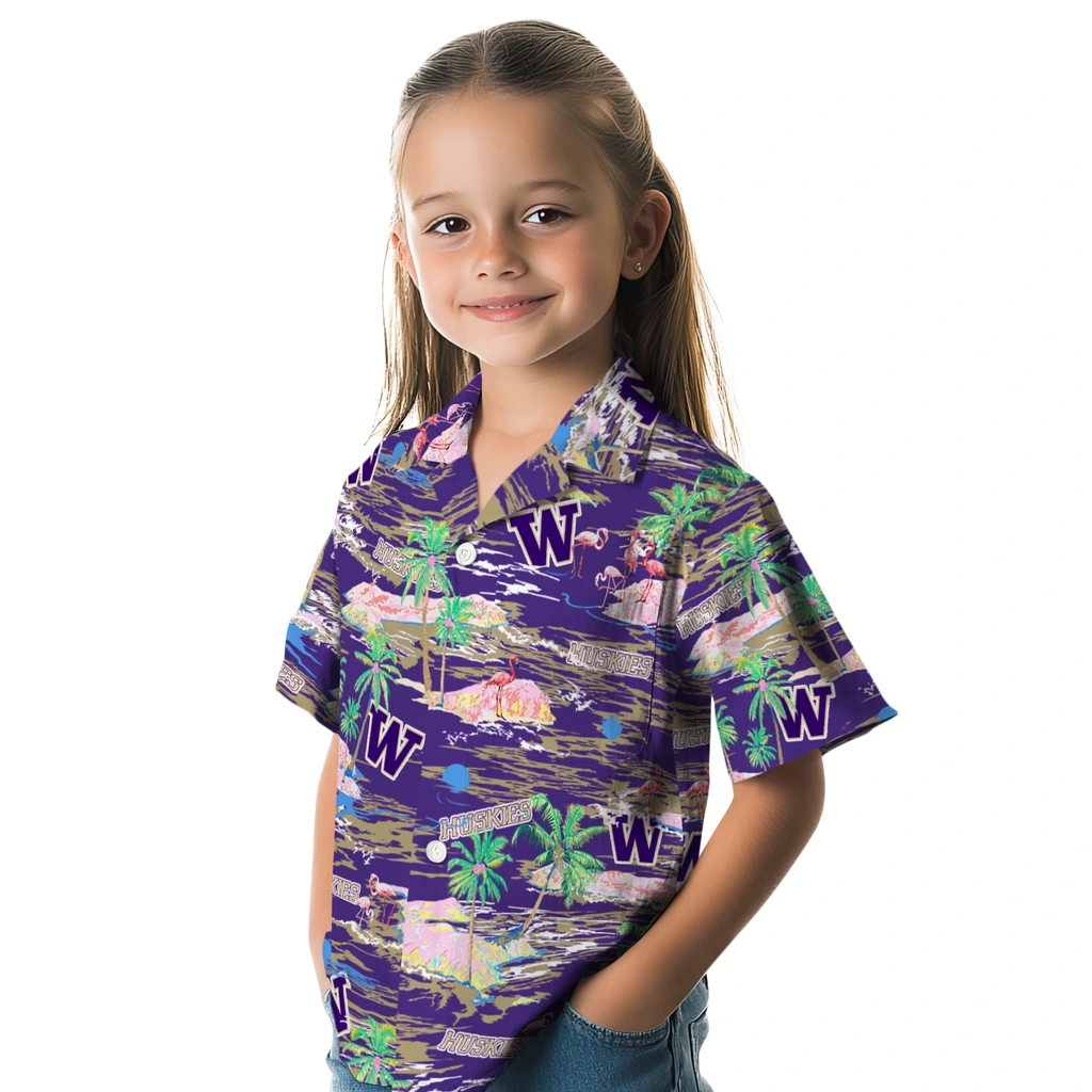 Washington Huskies Hawaiian Shirt - Hawaii Island washington huskies flamingo retreat purple hawaiian shirts premium grade