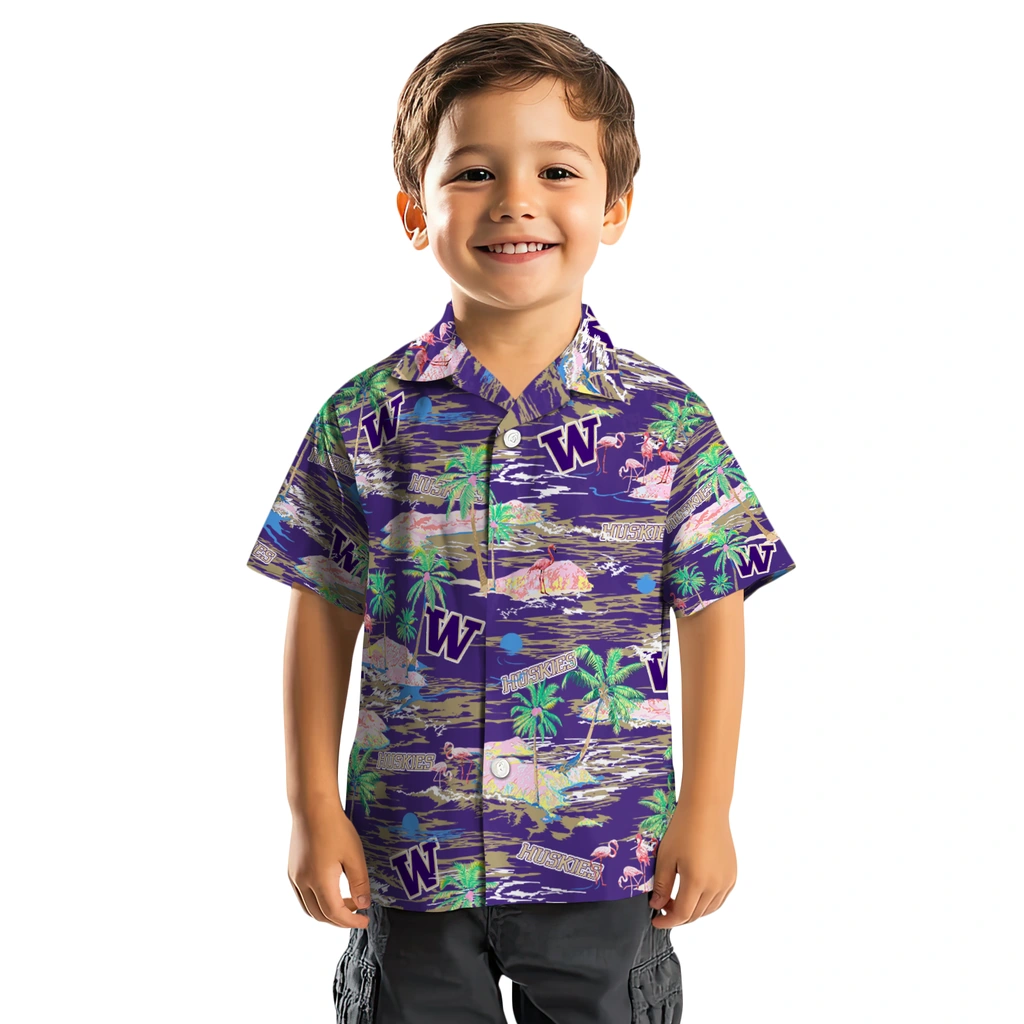 Washington Huskies Hawaiian Shirt - Hawaii Island washington huskies flamingo retreat purple hawaiian shirts top rated