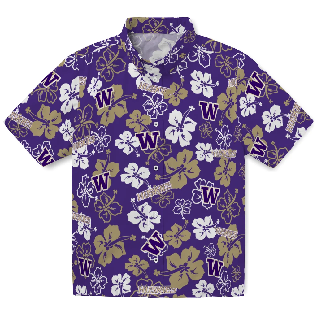 Washington Huskies Hawaiian Shirt - Hibiscus Flower Design washington huskies hibiscus bloom purple hawaiian shirts best selling