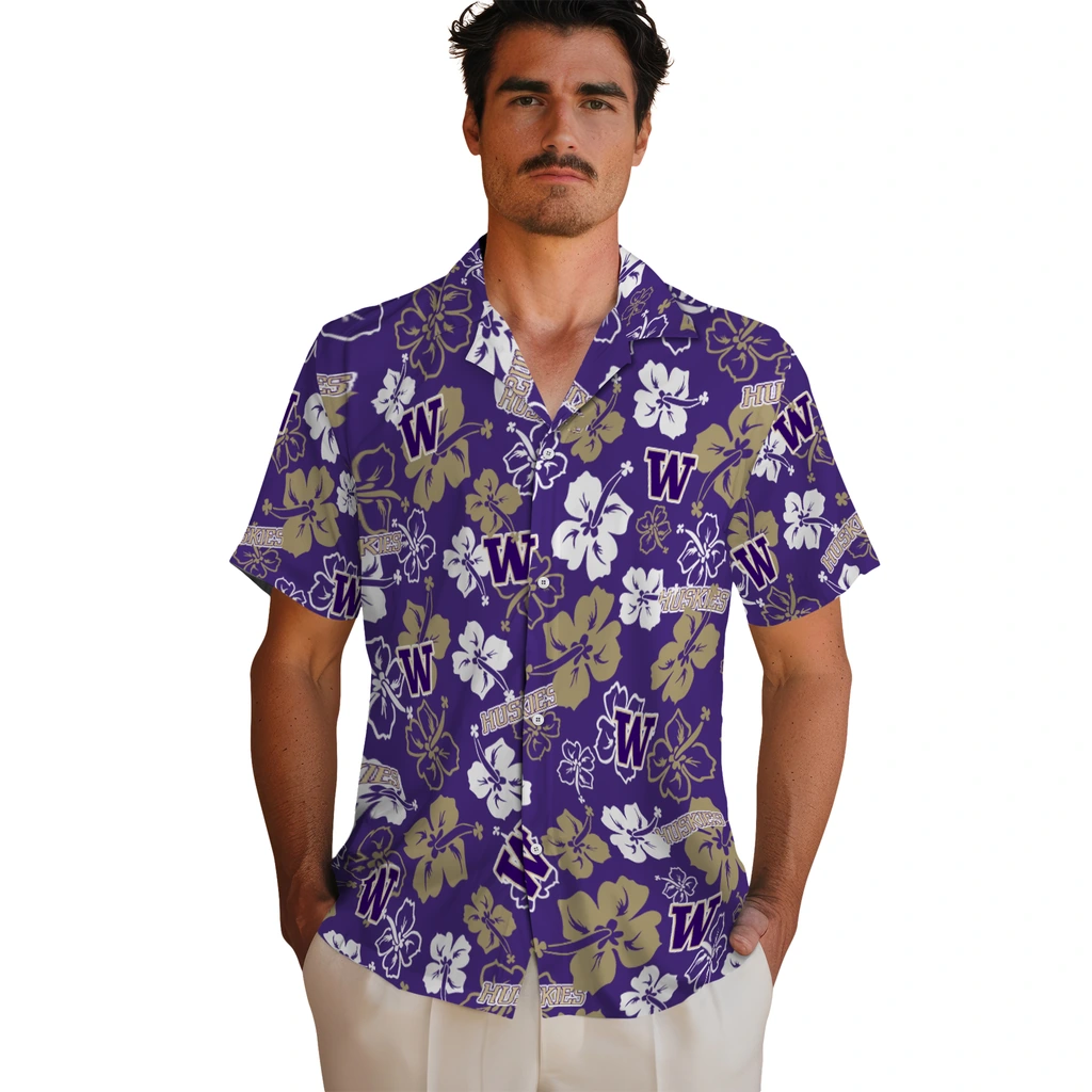 Washington Huskies Hawaiian Shirt - Hibiscus Flower Design washington huskies hibiscus bloom purple hawaiian shirts fashion forward