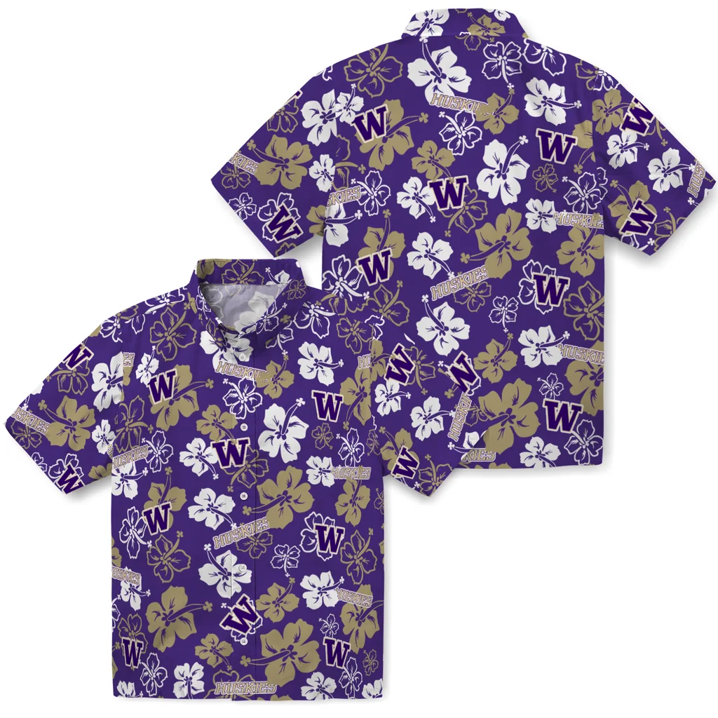 Washington Huskies Hawaiian Shirt - Hibiscus Flower Design washington huskies hibiscus bloom purple hawaiian shirts high quality
