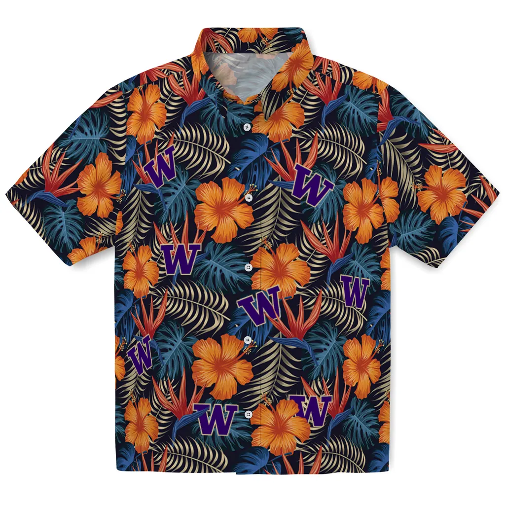 Washington Huskies Hawaiian Shirt - Hibiscus Foliage washington huskies hibiscus foliage hawaiian shirts best selling