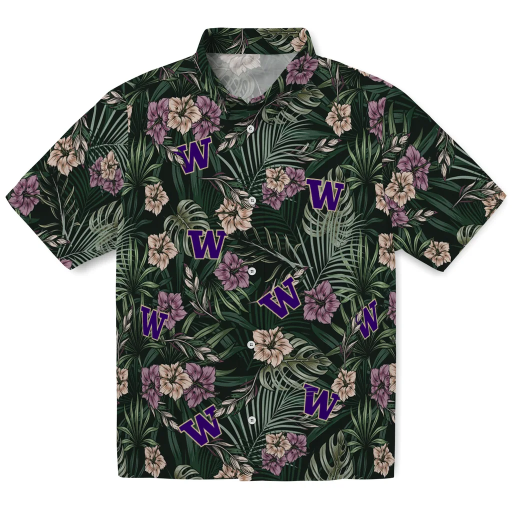Washington Huskies Hawaiian Shirt - Hibiscus Leaves Pattern washington huskies hibiscus leaves pattern green hawaiian shirts best selling