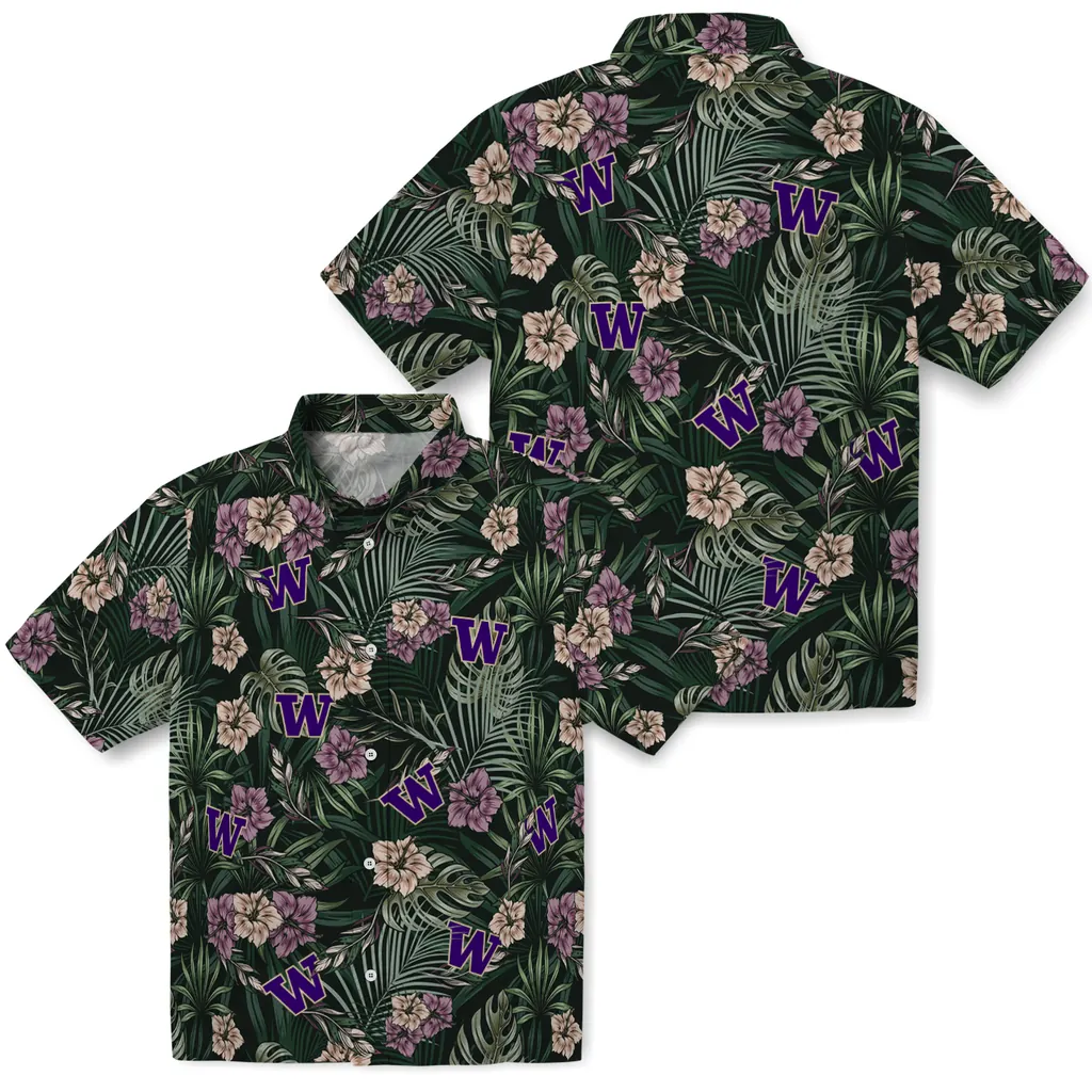 Washington Huskies Hawaiian Shirt - Hibiscus Leaves Pattern washington huskies hibiscus leaves pattern green hawaiian shirts high quality