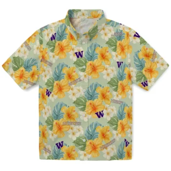 washington huskies hibiscus mood pale lime yellow hawaiian shirts best selling