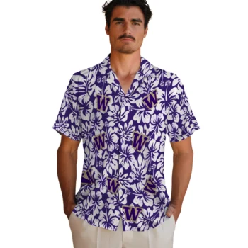 washington huskies hibiscus motif purple white hawaiian shirts fashion forward