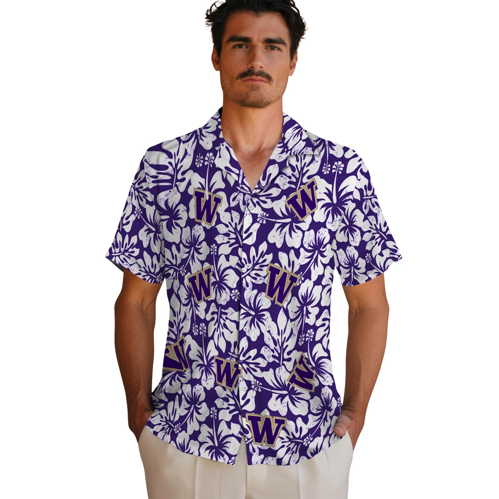 Washington Huskies Hawaiian Shirt - Hibiscus Motif washington huskies hibiscus motif purple white hawaiian shirts fashion forward