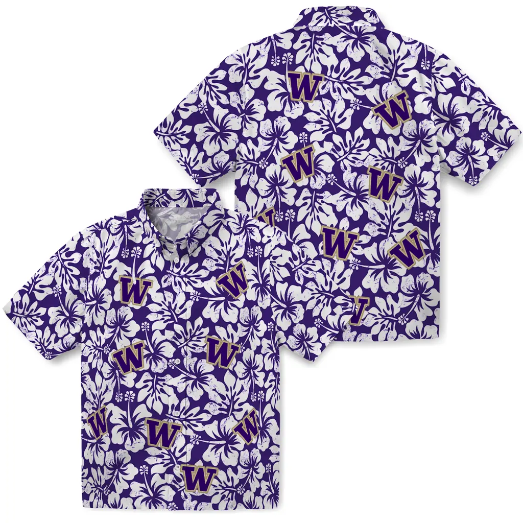 Washington Huskies Hawaiian Shirt - Hibiscus Motif washington huskies hibiscus motif purple white hawaiian shirts high quality
