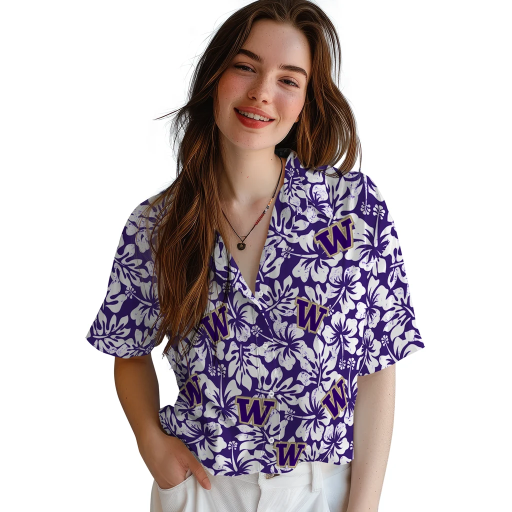 Washington Huskies Hawaiian Shirt - Hibiscus Motif washington huskies hibiscus motif purple white hawaiian shirts latest model