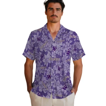 washington huskies hibiscus oasis purple hawaiian shirts fashion forward