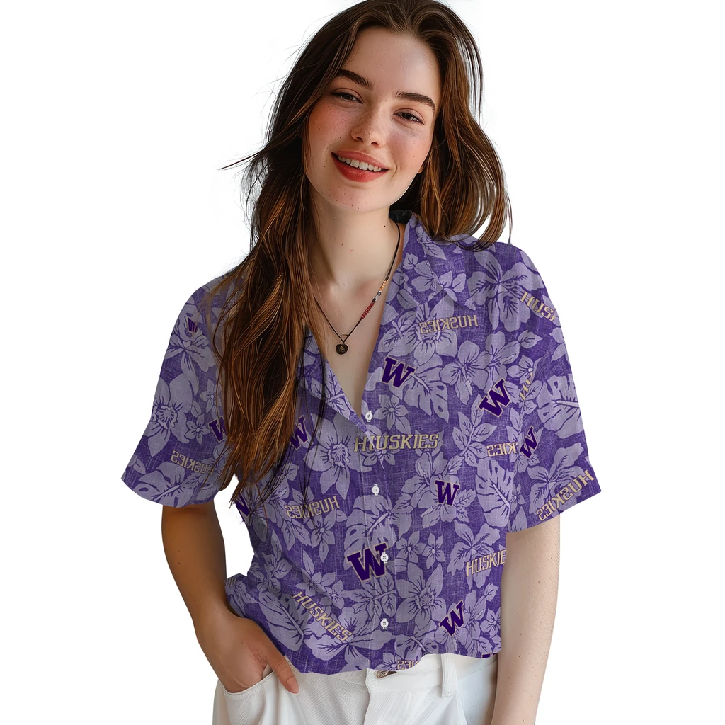 Washington Huskies Hawaiian Shirt - Hibiscus Oasis washington huskies hibiscus oasis purple hawaiian shirts latest model