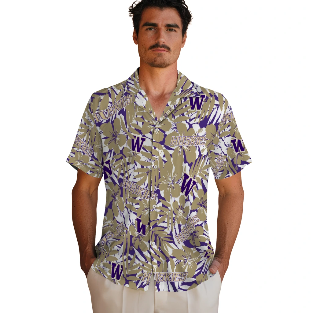 Washington Huskies Hawaiian Shirt - Hibiscus Overlay washington huskies hibiscus overlay hawaiian shirts fashion forward