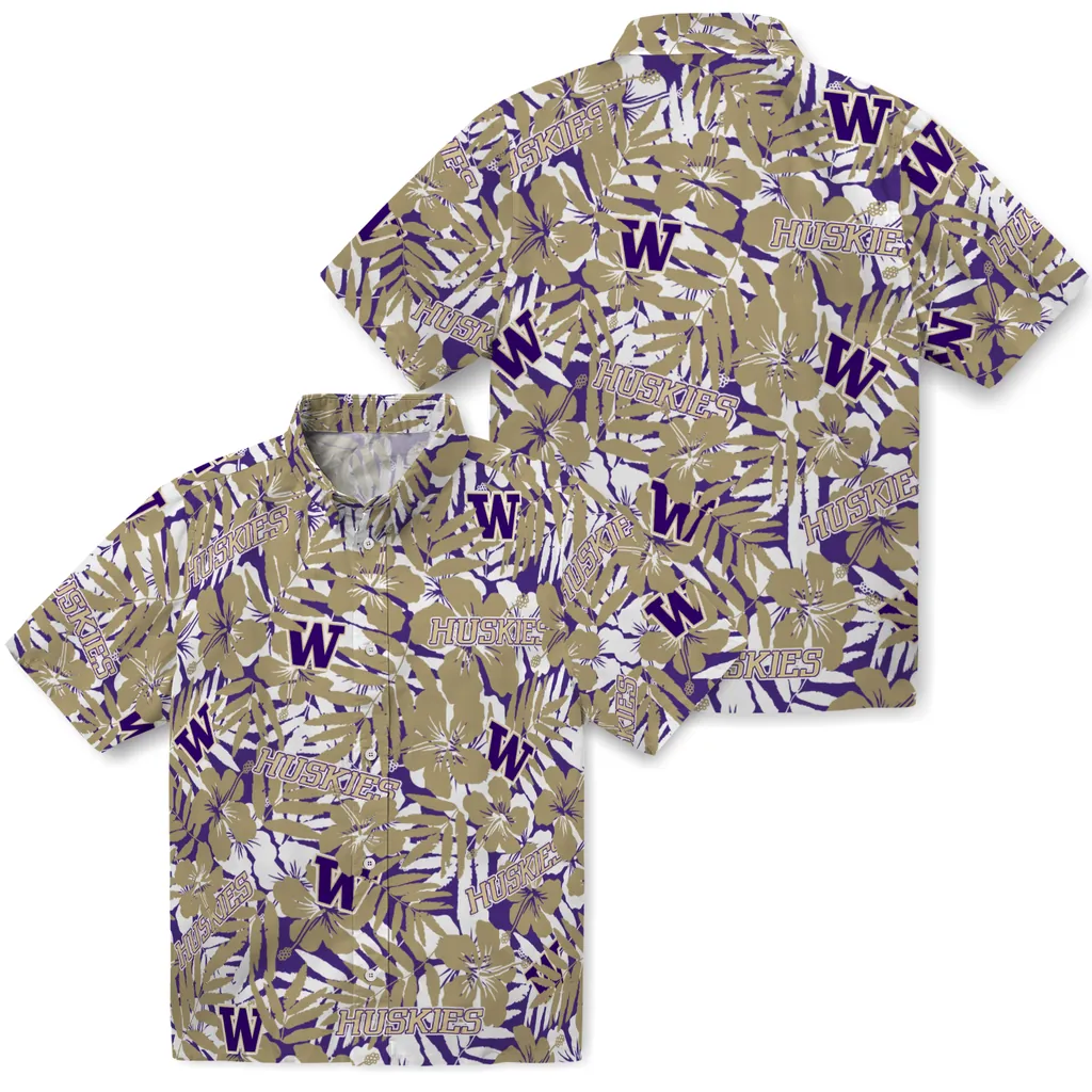 Washington Huskies Hawaiian Shirt - Hibiscus Overlay washington huskies hibiscus overlay hawaiian shirts high quality
