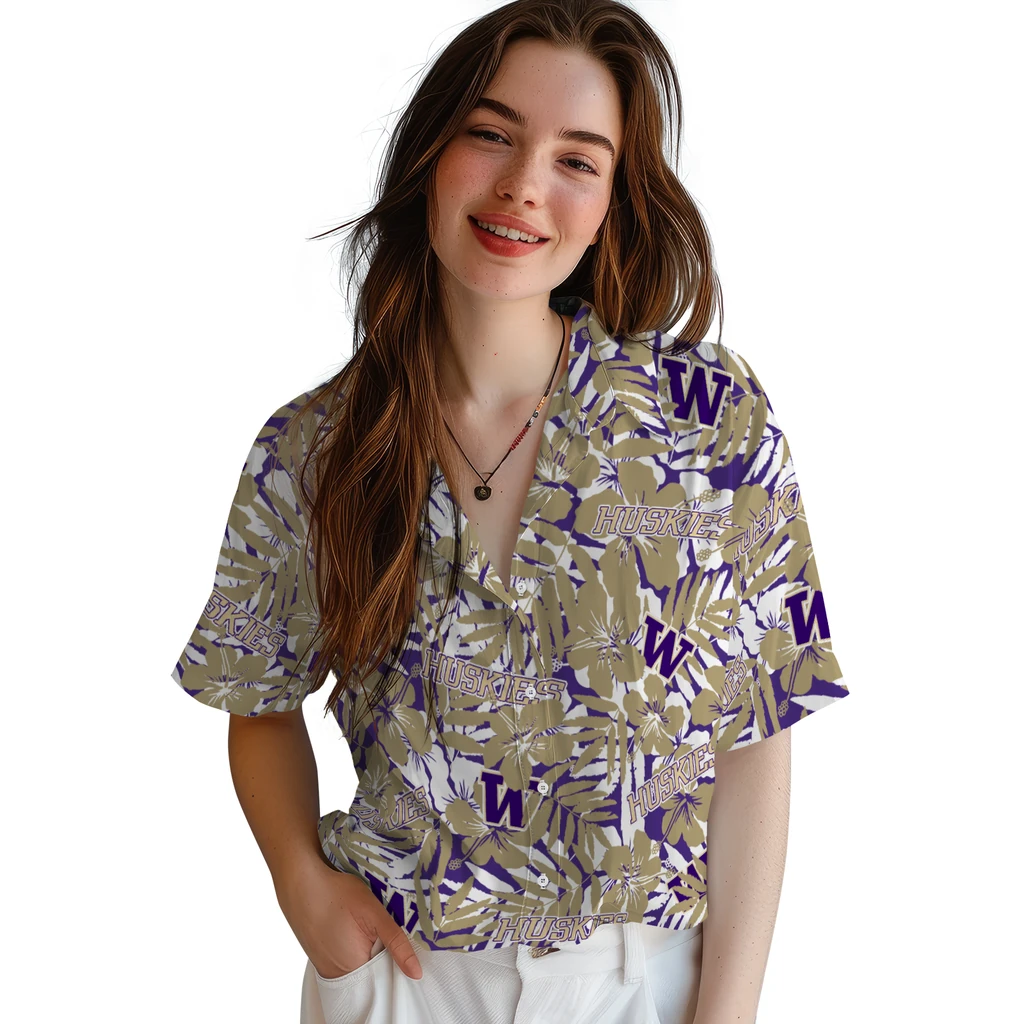 Washington Huskies Hawaiian Shirt - Hibiscus Overlay washington huskies hibiscus overlay hawaiian shirts latest model