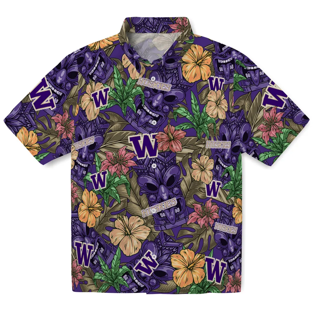 Washington Huskies Hawaiian Shirt - Hibiscus Tiki Jungle washington huskies tiki jungle purple hawaiian shirts best selling