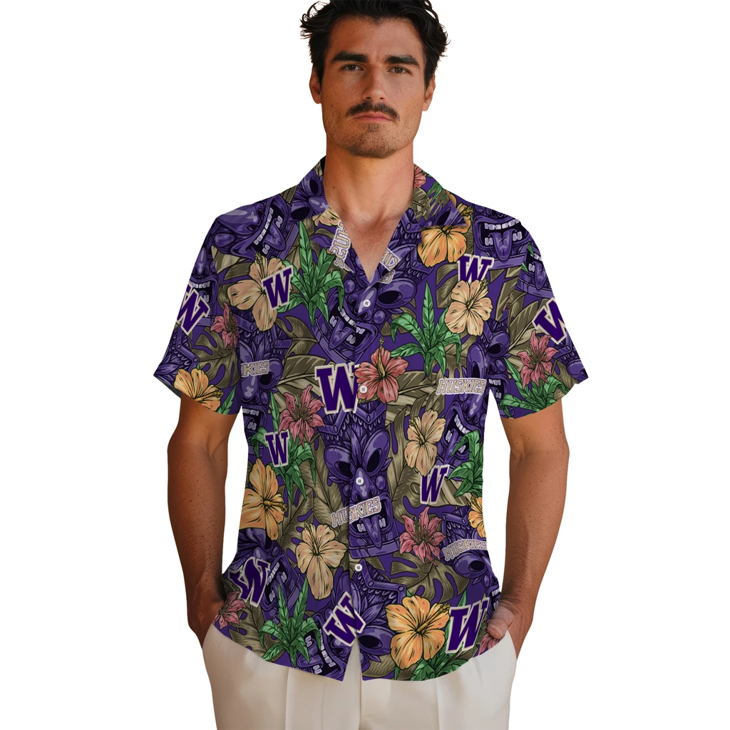 Washington Huskies Hawaiian Shirt - Hibiscus Tiki Jungle washington huskies tiki jungle purple hawaiian shirts fashion forward