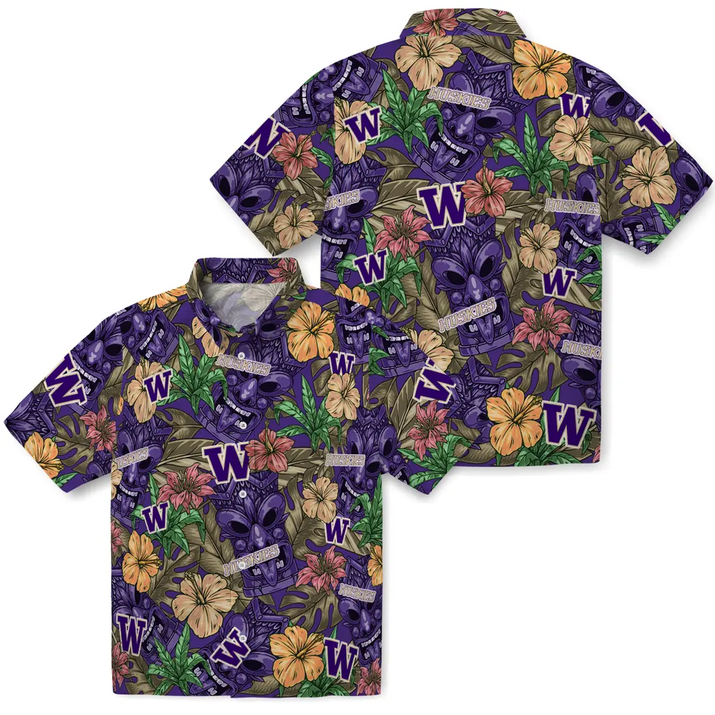 Washington Huskies Hawaiian Shirt - Hibiscus Tiki Jungle washington huskies tiki jungle purple hawaiian shirts high quality