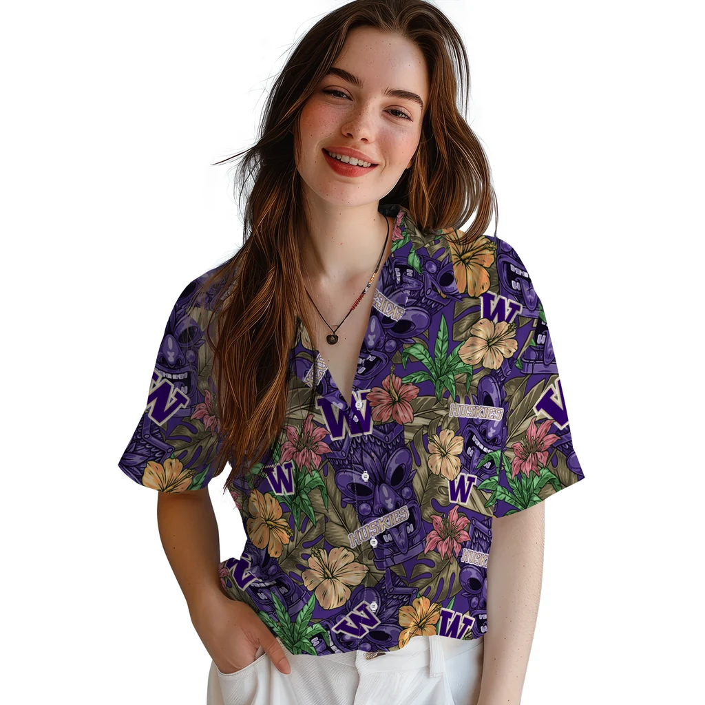 Washington Huskies Hawaiian Shirt - Hibiscus Tiki Jungle washington huskies tiki jungle purple hawaiian shirts latest model