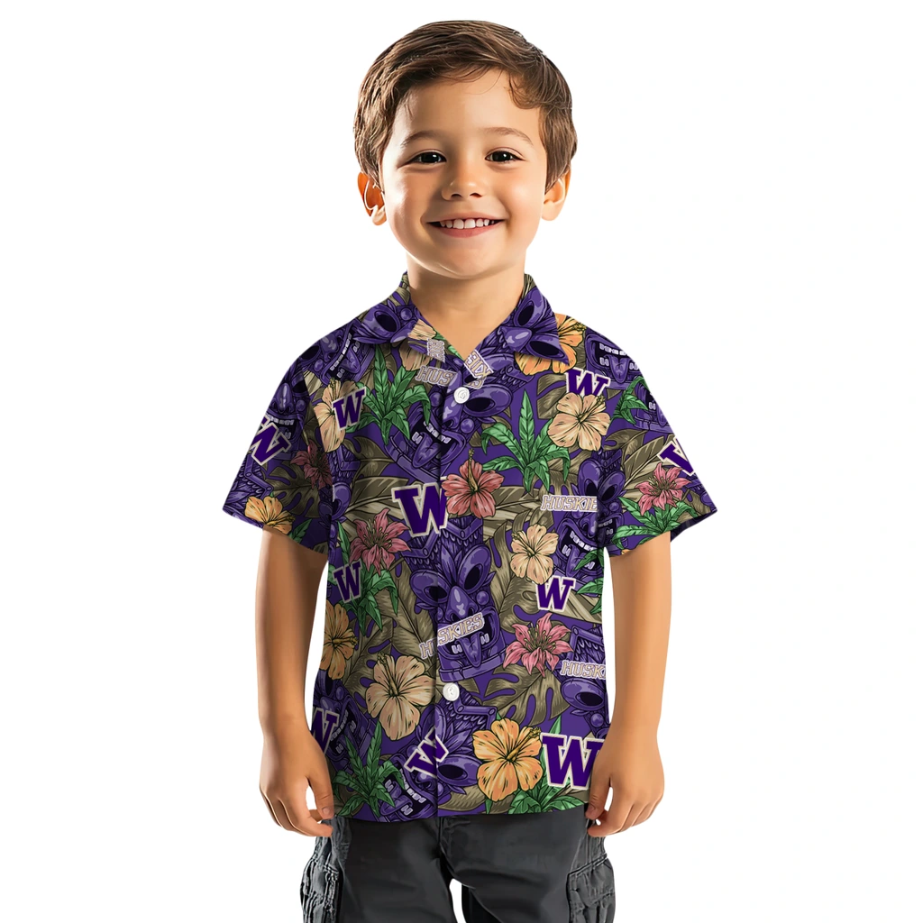 Washington Huskies Hawaiian Shirt - Hibiscus Tiki Jungle washington huskies tiki jungle purple hawaiian shirts top rated