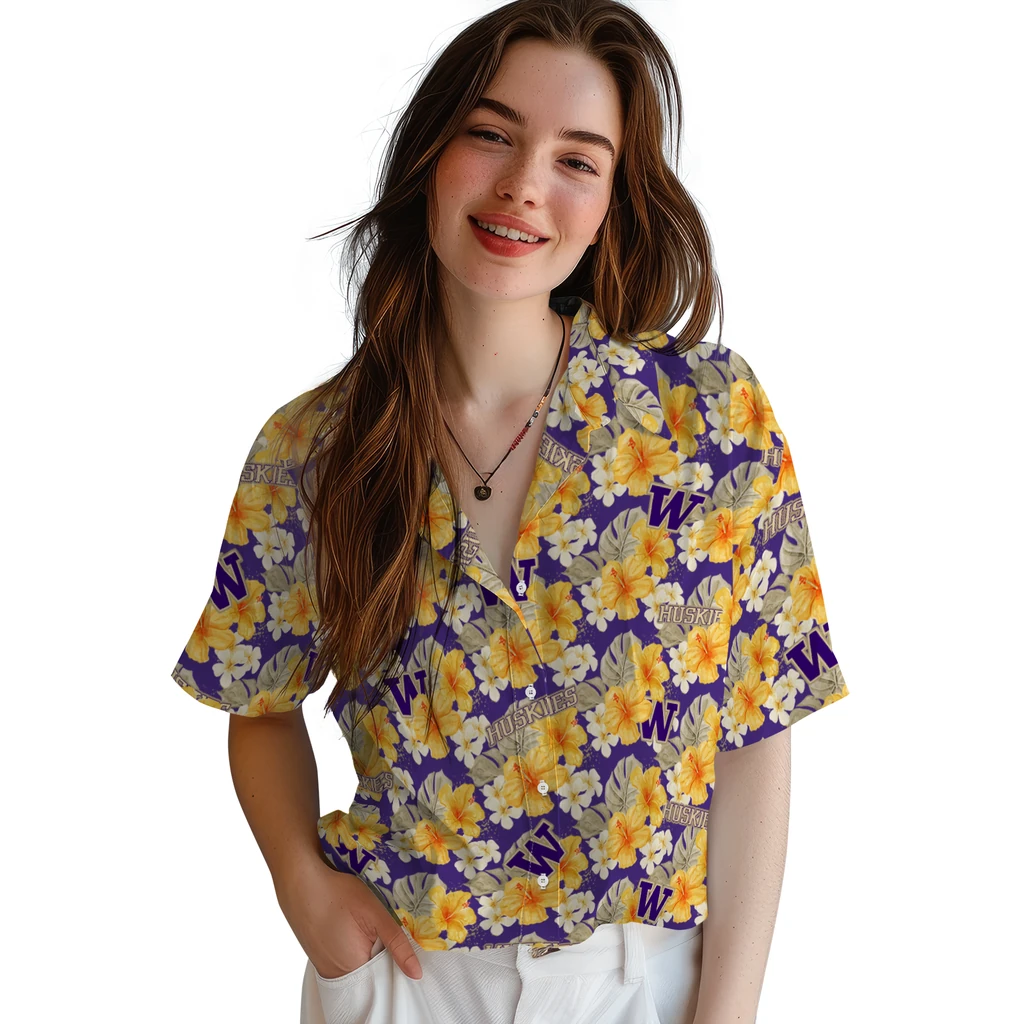 Washington Huskies Hawaiian Shirt - Hibiscus Tropics washington huskies hibiscus tropics purple yellow hawaiian shirts latest model
