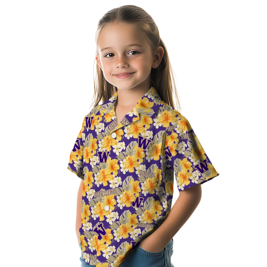 Washington Huskies Hawaiian Shirt - Hibiscus Tropics washington huskies hibiscus tropics purple yellow hawaiian shirts premium grade